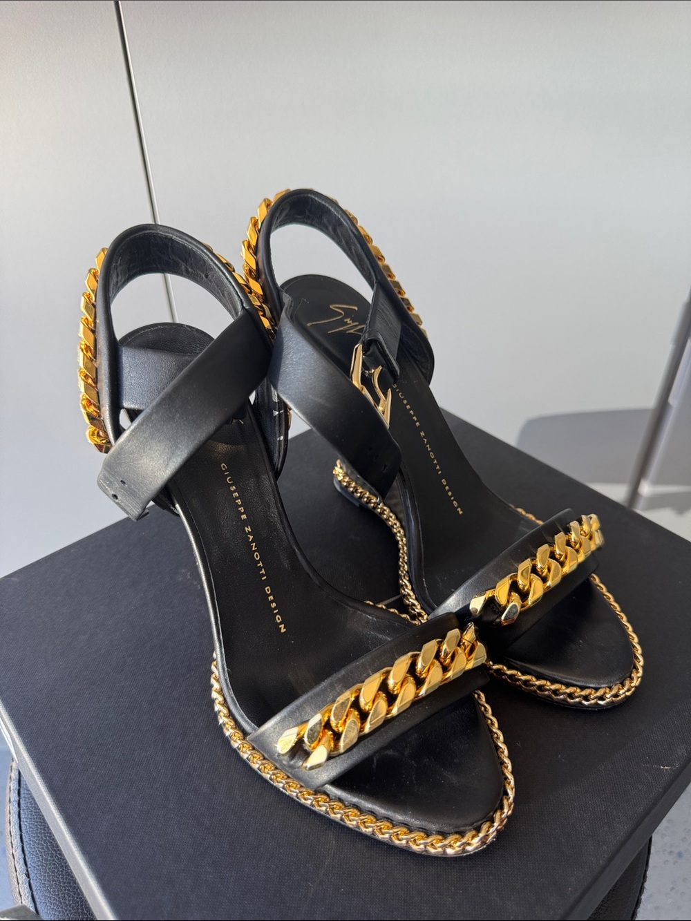 Giuseppe Zanotti Black Leather Slingback Heels with Gold Chain